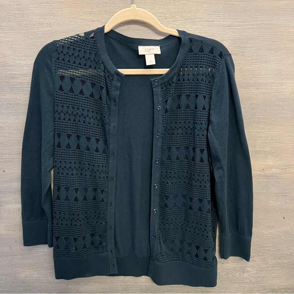LOFT 100% Cotton Teal Green Sheer Lace Front Cardigan Sweater‎ Small LN